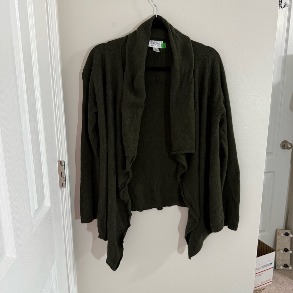 LOFT Dark Green Wool Cashmere Blend Open Front Cardigan Size Medium